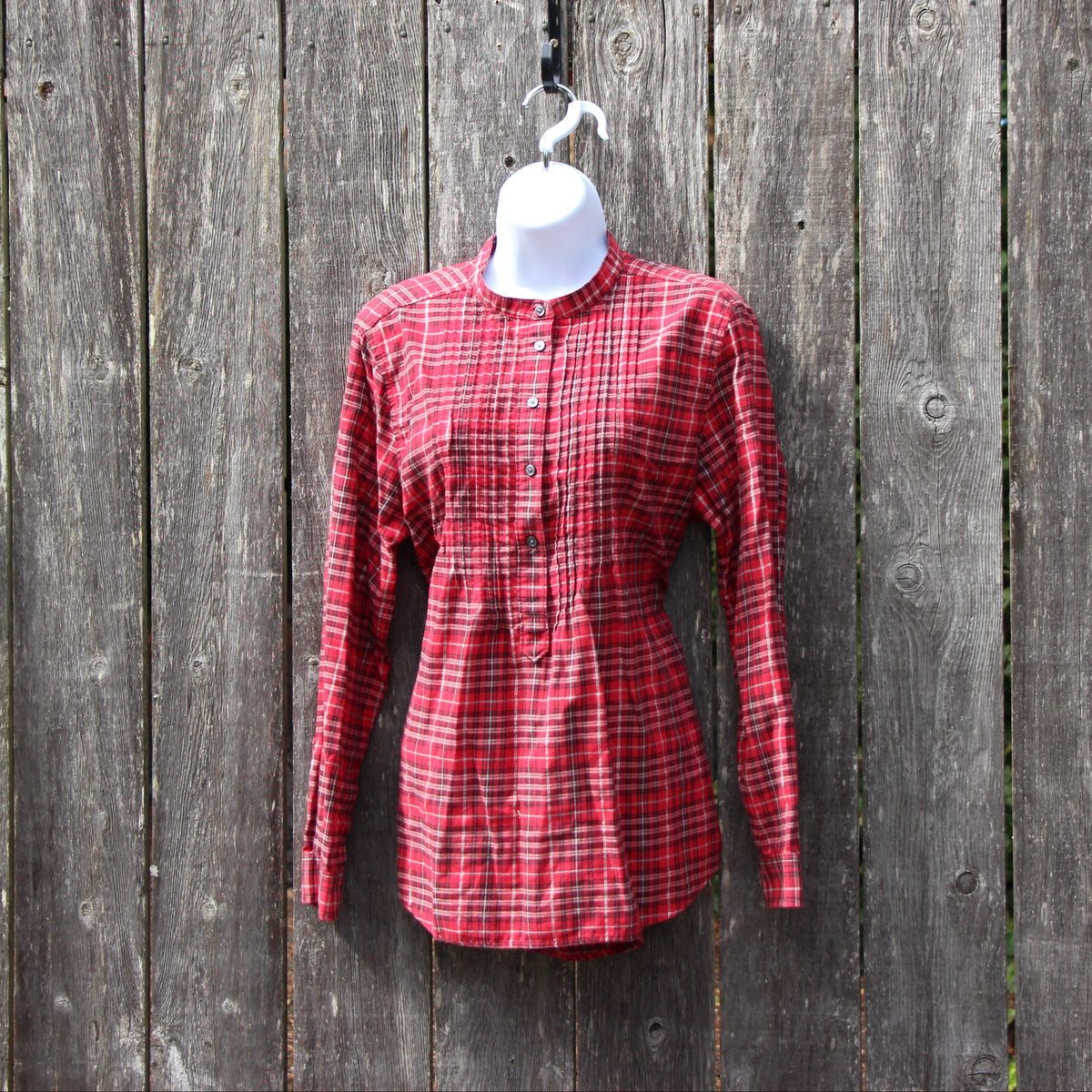 Size 14P Lands' End Red Plaid Mock Neck Button Up Long Sleeve Shirt with Pleated Chest Design Vardo Vintage and Valuables Consignment