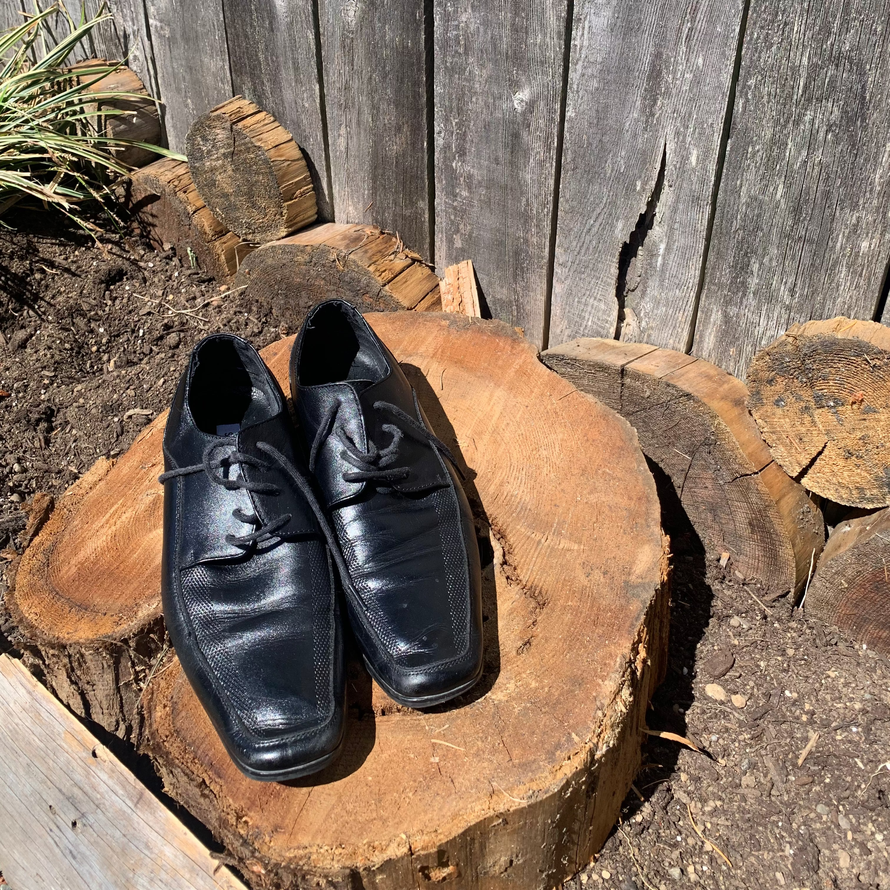 Pair of black leather shoes on a wooden log with a rustic wooden fence background
