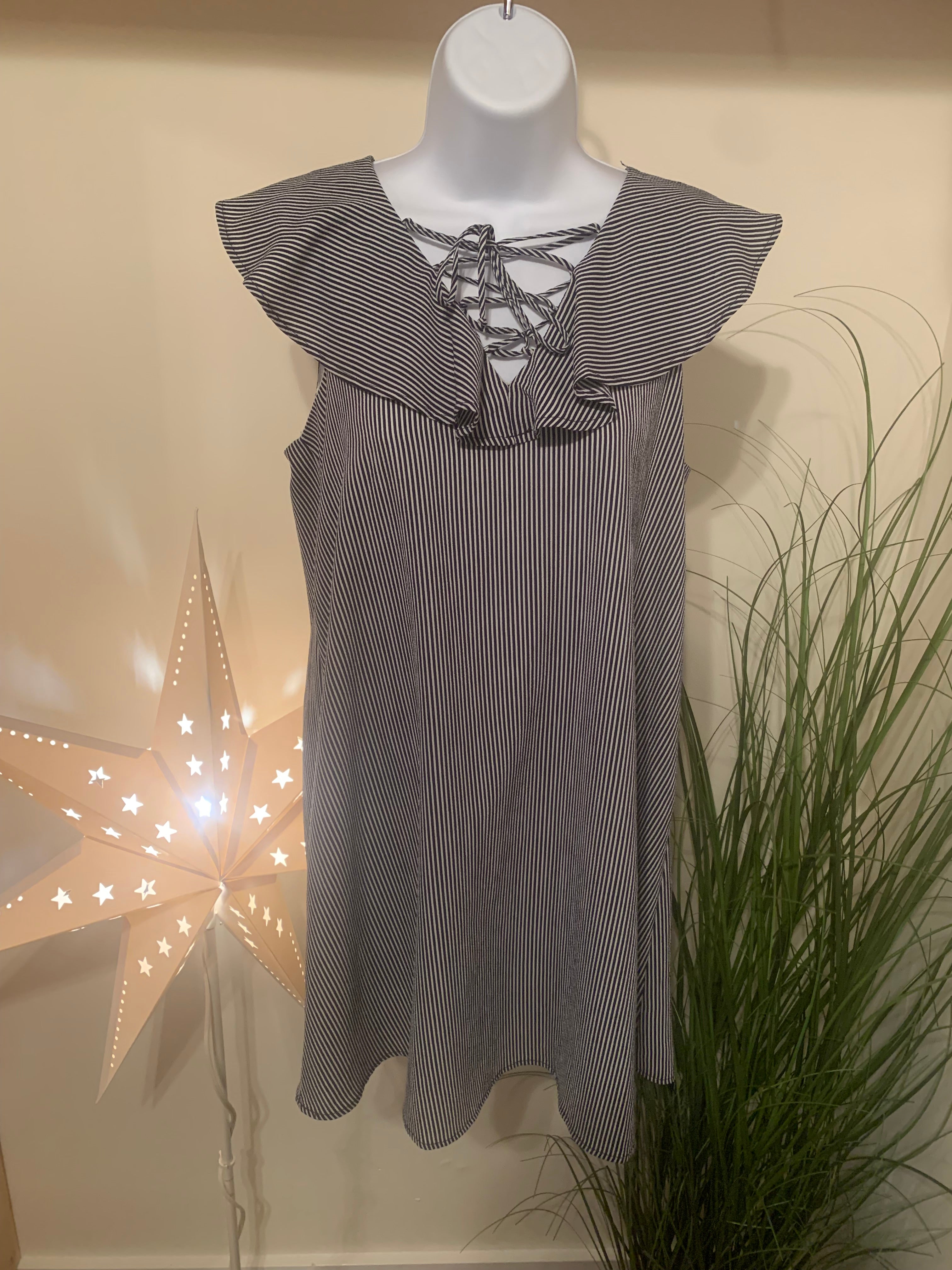 COLOR THREAD STRIPED RUFFLE COLLAR DRESS - Consigned with VARDO Vintage & Valuables vvvardo.ca