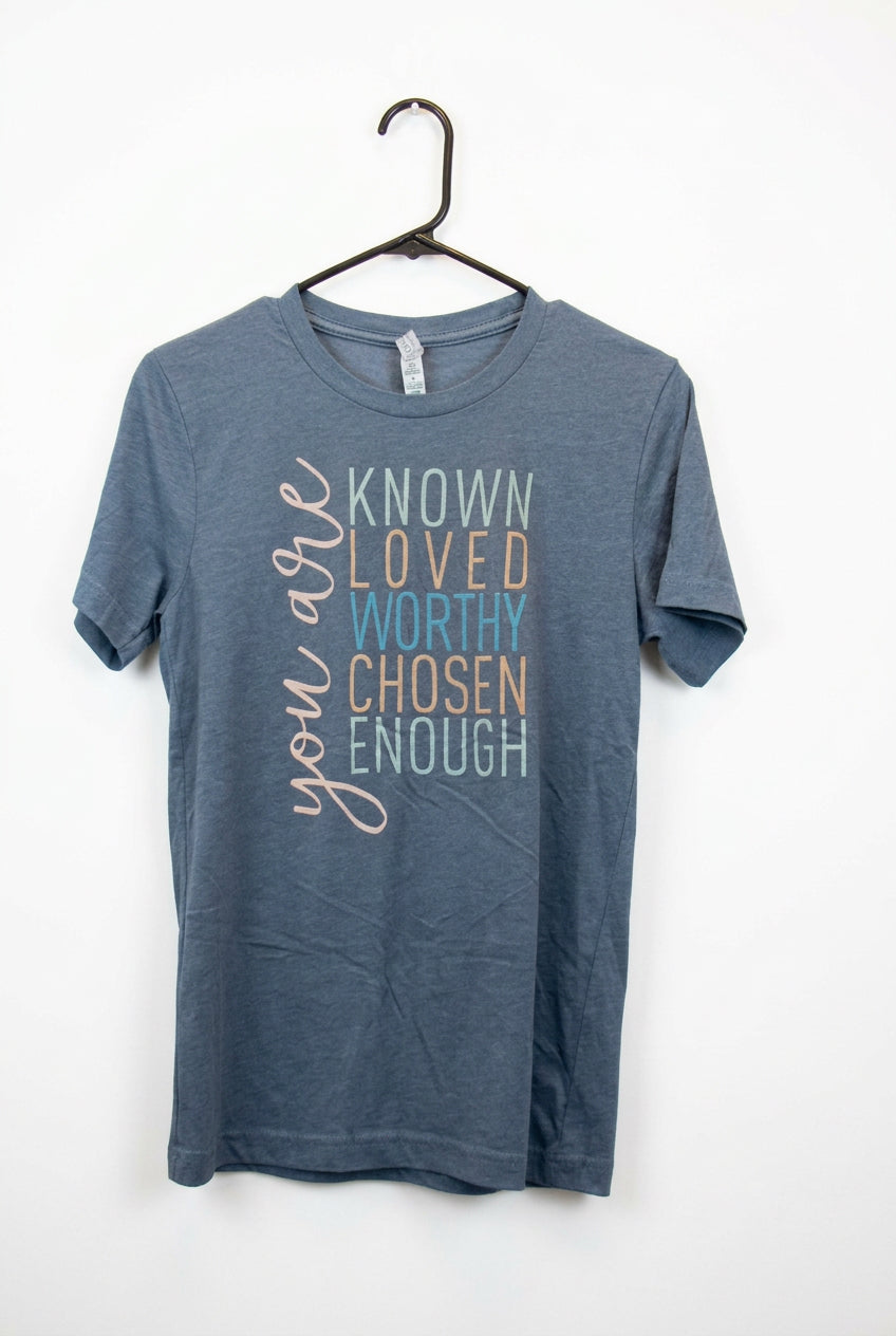 Size S Novelty Lt Blue T-Shirt " You Are Known Loved Worthy Chosen Enough" Vardo Vintage and Valuables Consign