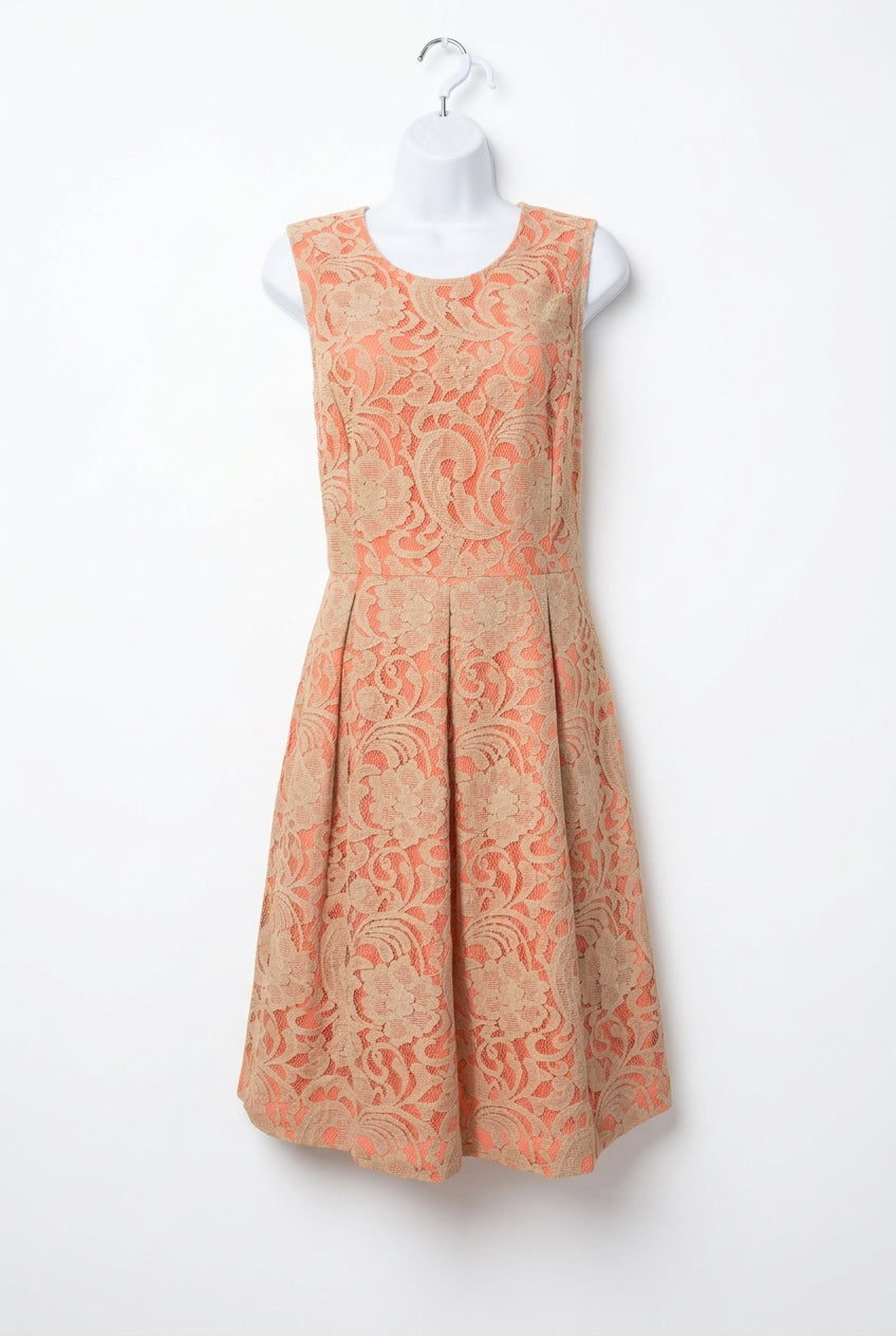 Size 10 Peach Dress with Beige Lace Overlay by Lord & Taylor