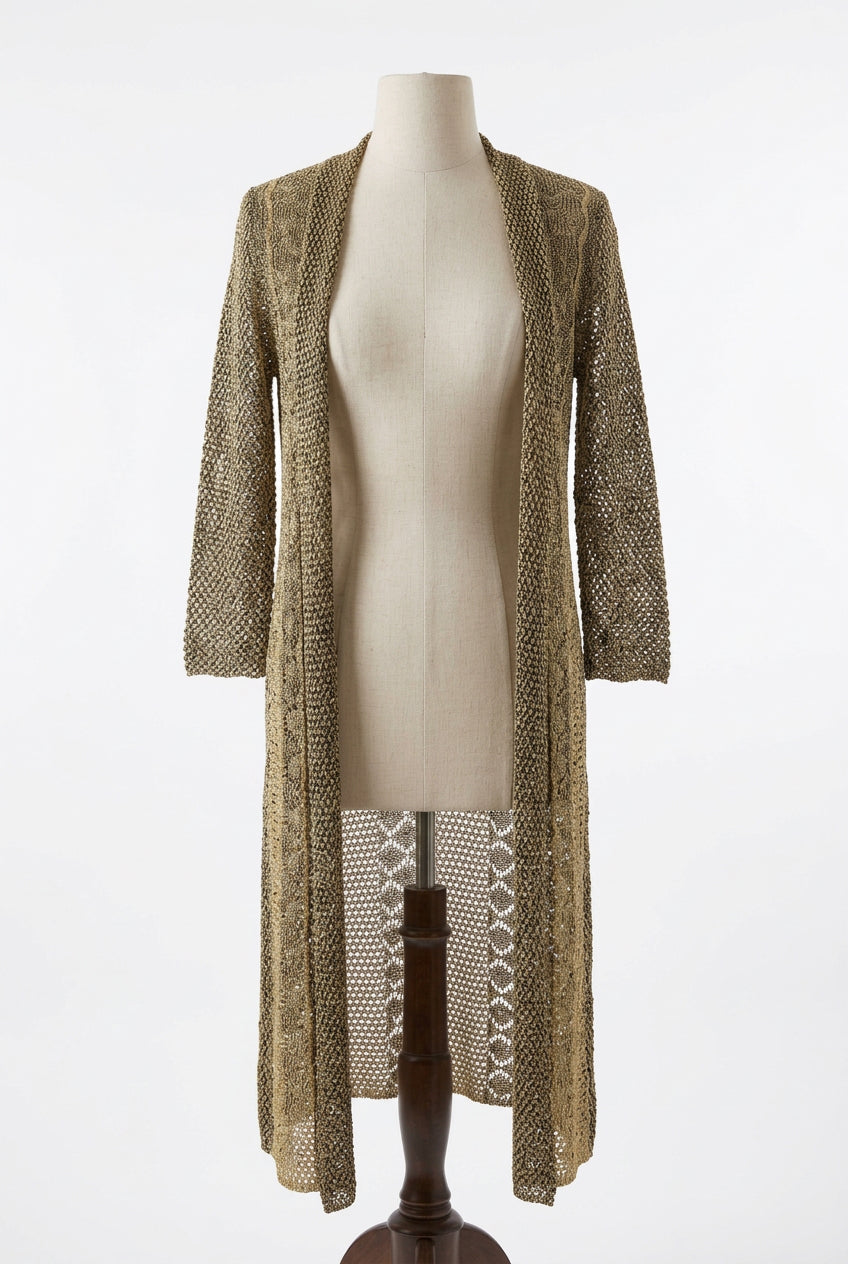 Size M Brown with Gold Metailic Knit Long Cardigan by Bellissima Fashions 
