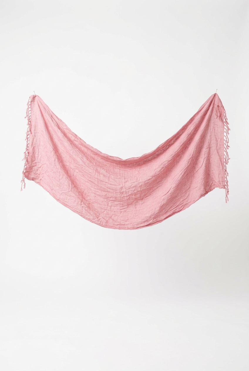 A pink medium-weight scarf with tassels on sale at Vardo Vintage and Valuables online shop or in Parksville BC