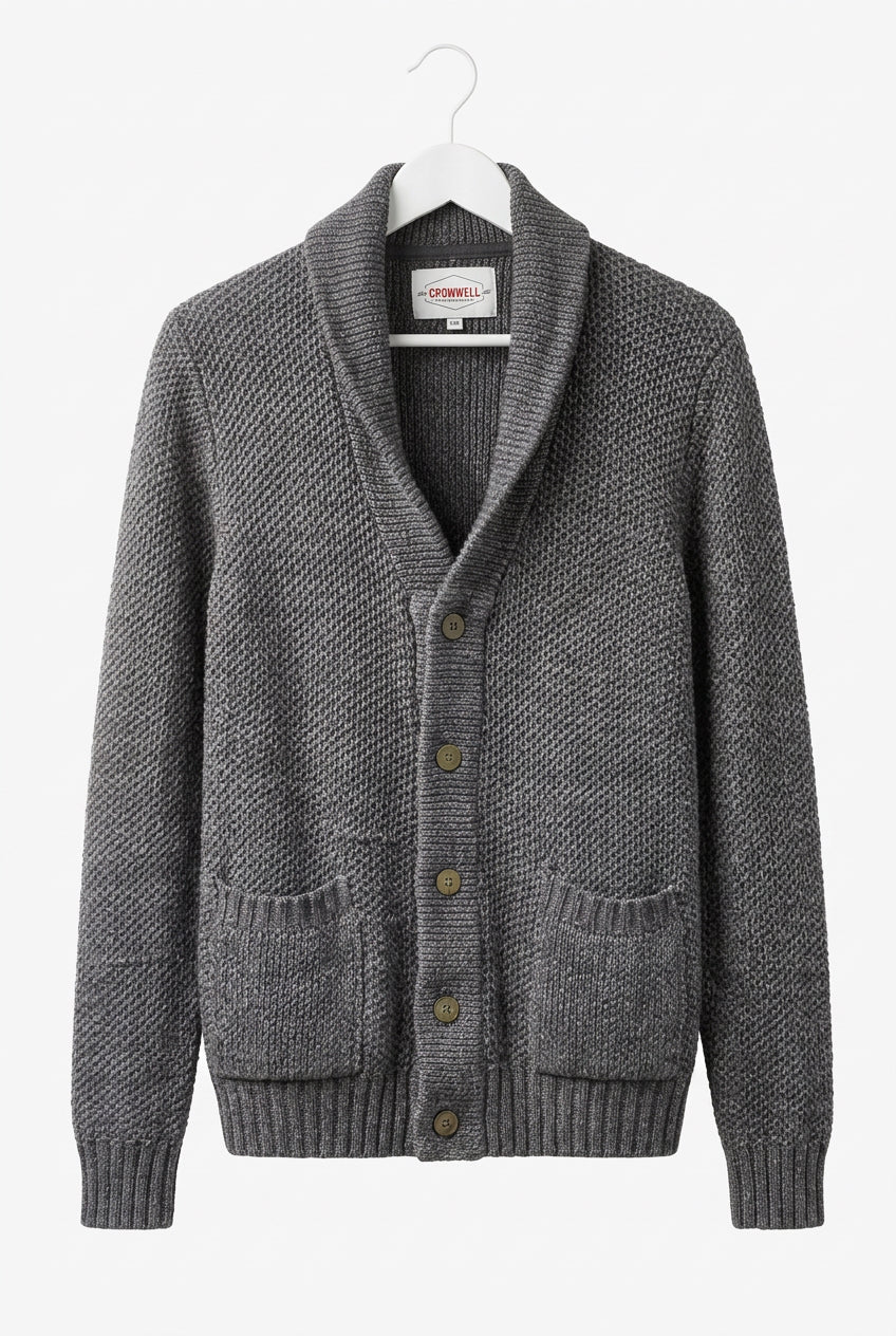 Gray cardigan with a shawl collar on consignment