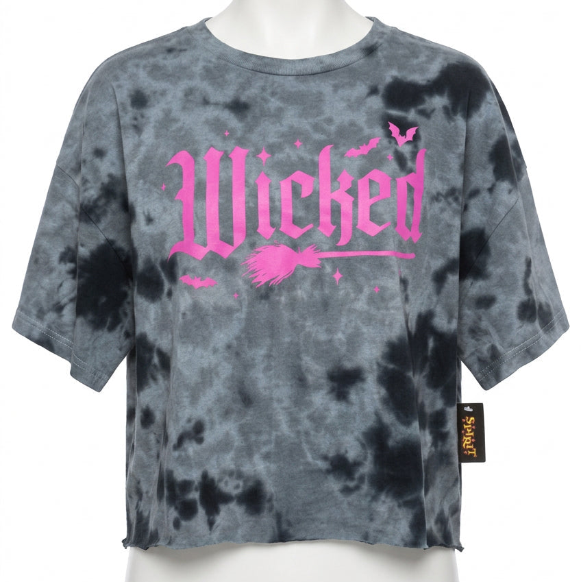 Size Large Tie-dyed Crop Top T-shirt- "Wicked" Graphic Print with a Broomstick